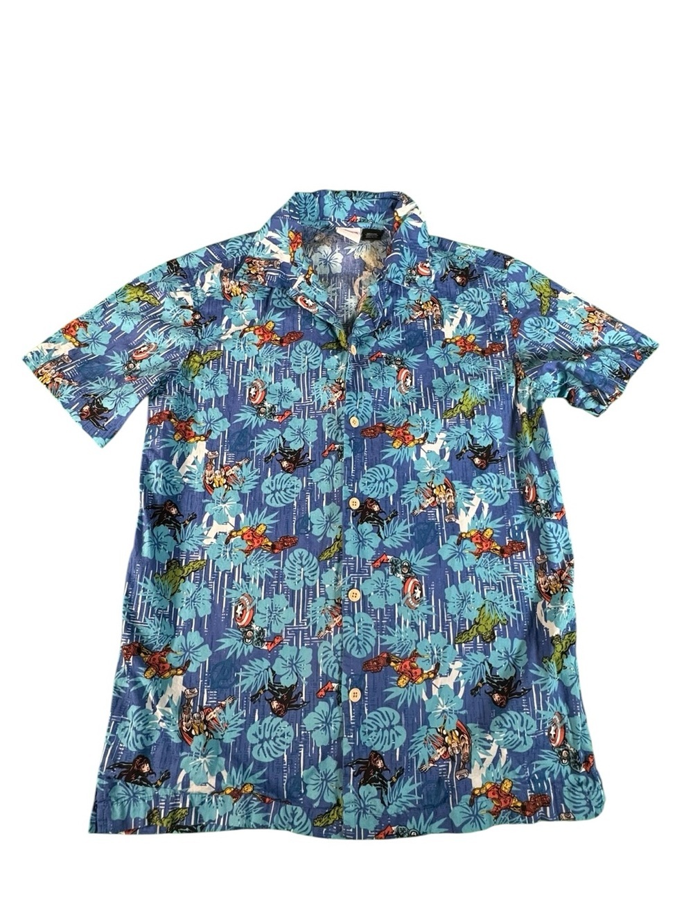 Marvel Hawaiian Shirt Mens Small Blue Avengers Button Up Tropical Comic